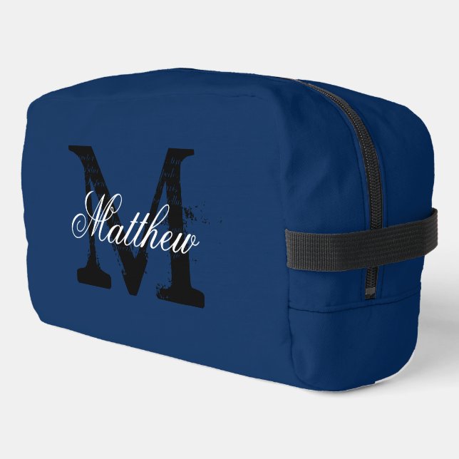 Custom monogram elegant navy blue toiletry bag (Left Corner)