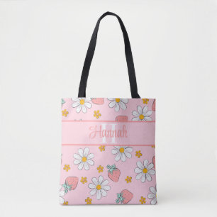 Custom Monogram Elegant Strawberry Daisy Pink  Tote Bag