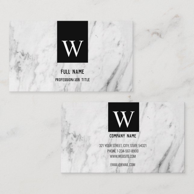 Custom Monogram Elegant White Marble Professional  Business Card (Front/Back)