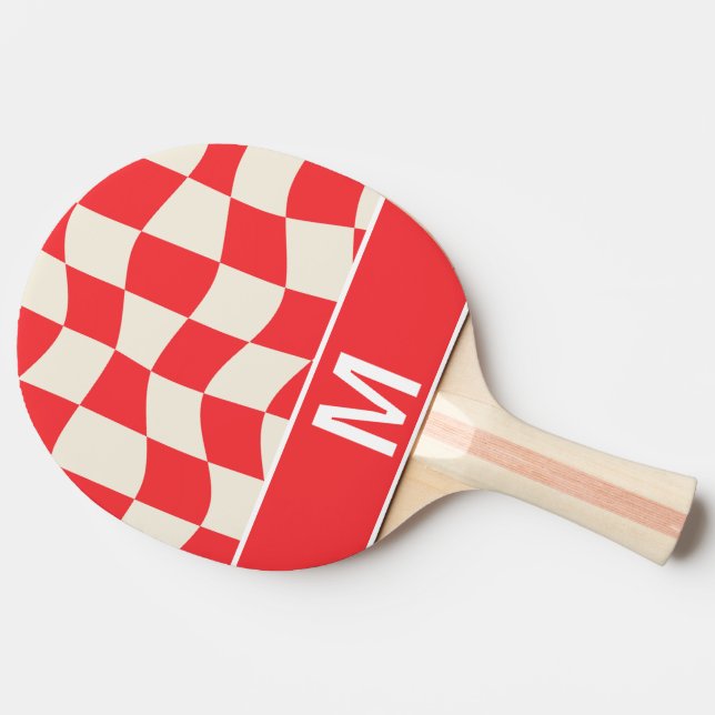 Custom monogram elegant white red squares pattern ping pong paddle (Side)