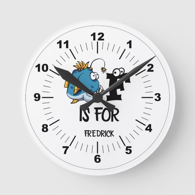 Custom monogram F is for Fish cartoon illustration Round Clock (Front)