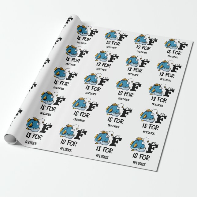 Custom monogram F is for Fish cartoon illustration Wrapping Paper (Unrolled)