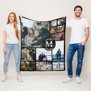 Custom Monogram Family 12 Photo Collage Fleece Blanket