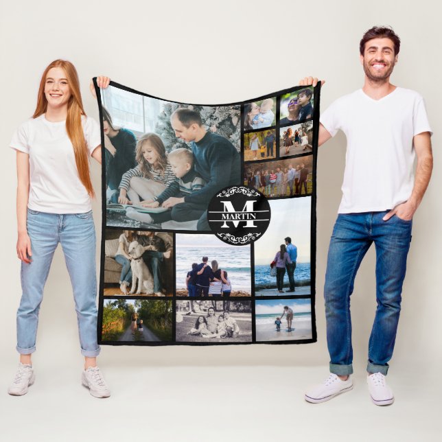 Custom Monogram Family 12 Photo Collage Fleece Blanket (In Situ)
