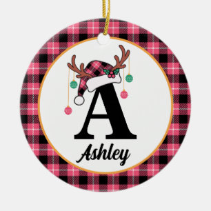 Custom Monogram Family Christmas Plaid Santa Hat Ceramic Tree Decoration