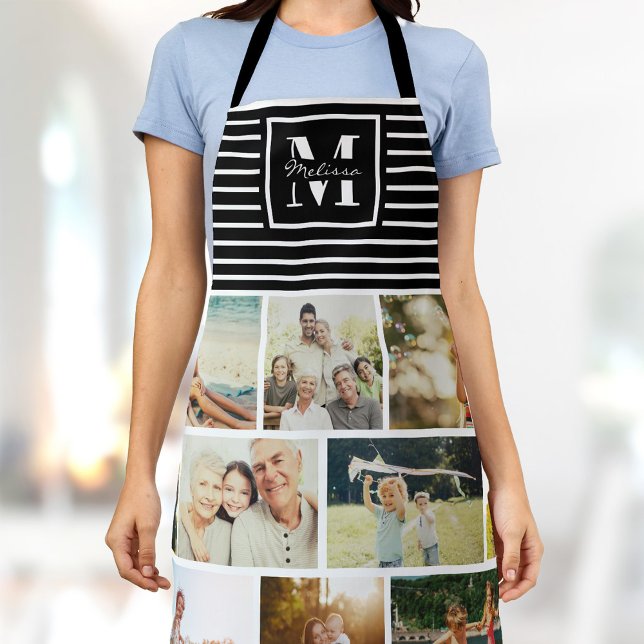 Custom Monogram Family Photo Collage Chic Black Apron (Creator Uploaded)