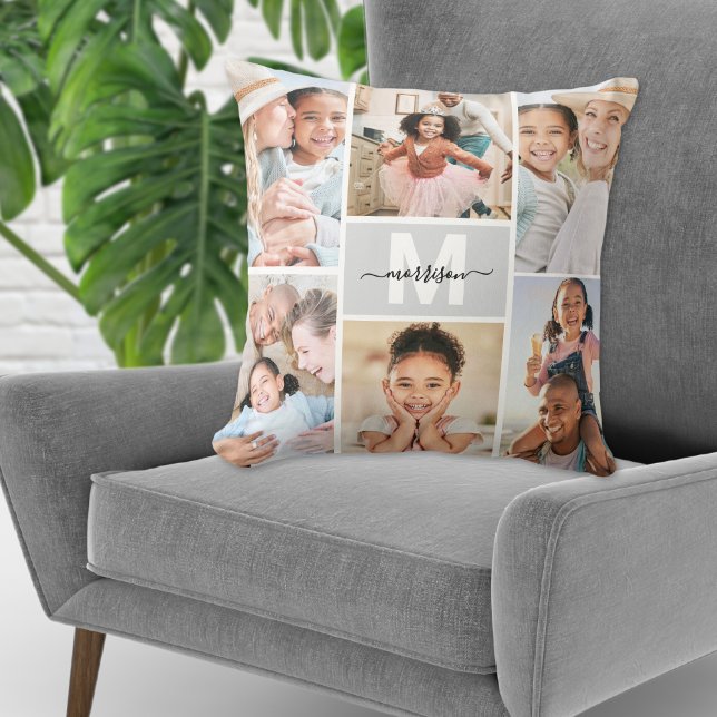 Custom Monogram Family Photo Collage Cushion (Custom Monogram Family Photo Collage Throw Pillow)