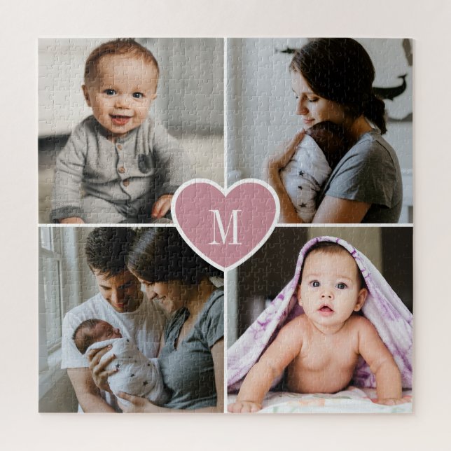 Custom Monogram Family Photo Collage Pink Heart Jigsaw Puzzle (Vertical)