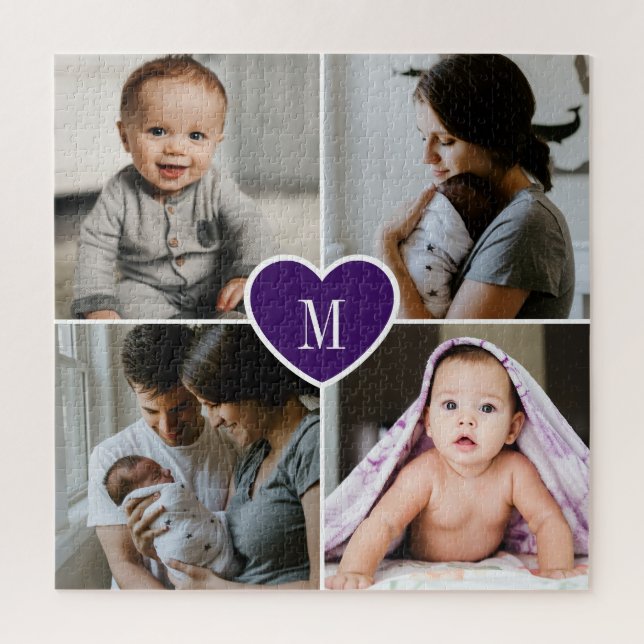 Custom Monogram Family Photo Collage Purple Heart Jigsaw Puzzle (Vertical)