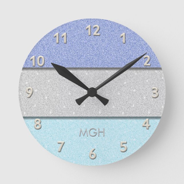 Custom Monogram Faux Glitter Bling Round Clock (Front)