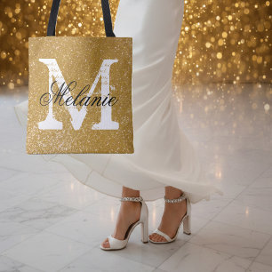 Custom monogram faux gold glitter print tote bags