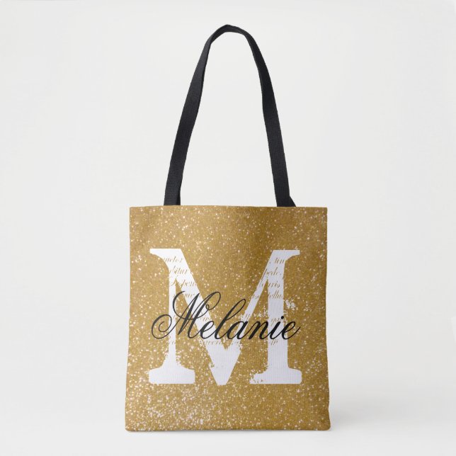 Custom monogram faux gold glitter print tote bags (Front)