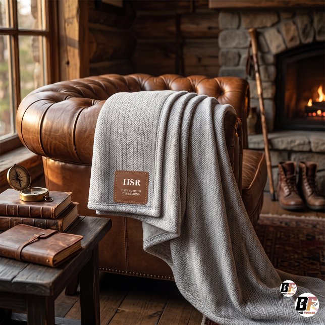 Custom Monogram Faux Leather Patch Herringbone Fleece Blanket (#HomeDecor)
