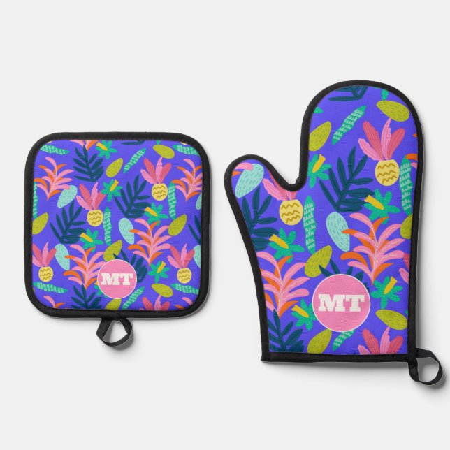 Custom monogram floral blue oven mitts oven mitt & pot holder set (Front)