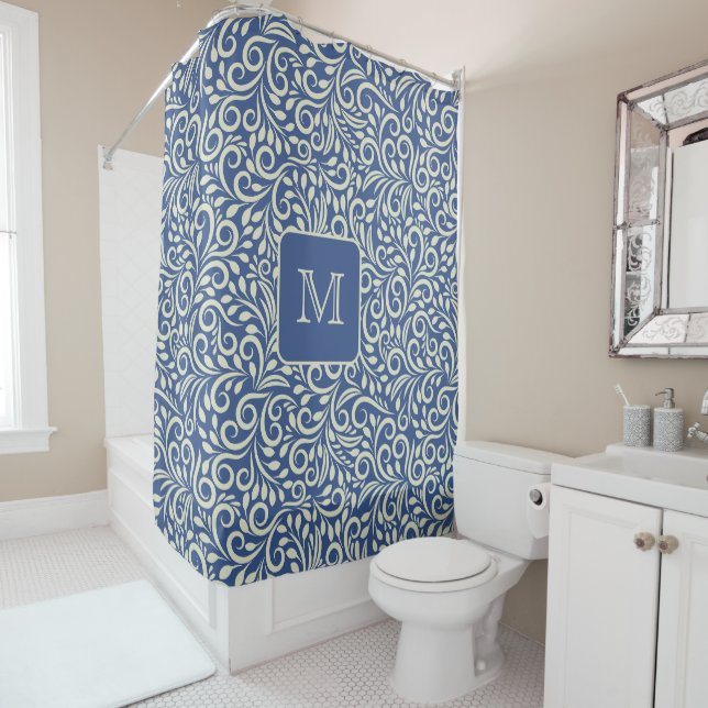 Custom Monogram Floral Leaf Pattern Shower Curtain (In Situ)