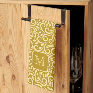 Custom Monogram Floral Leaf Pattern Tea Towel