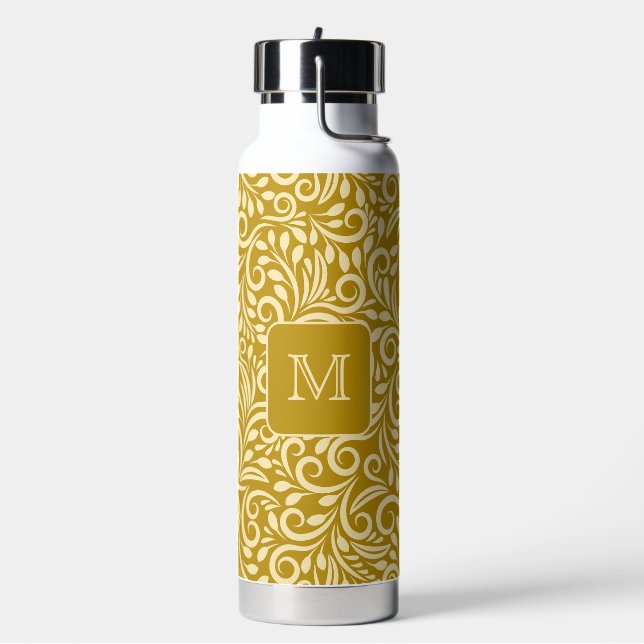 Custom Monogram Floral Leaf Pattern Water Bottle (Left)