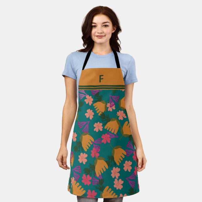 Custom monogram floral modern green woman apron (Worn)