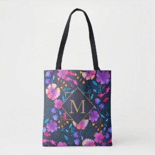 Custom Monogram Floral Navy Colourful Tote Bag