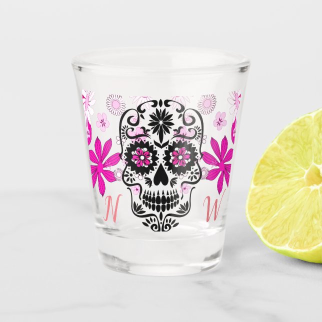 Custom Monogram Floral Sugar Skull Shot Glass (Front)