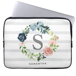 Custom Monogram Floral Wreath Grey Background Laptop Sleeve
