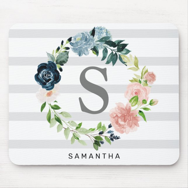 Custom Monogram Floral Wreath Grey Background Mouse Mat (Front)
