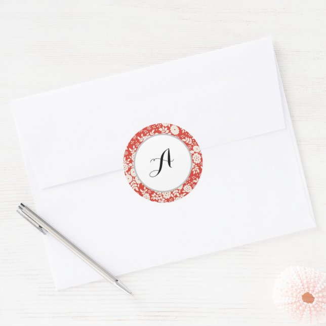 Custom Monogram Flower Pattern Red Classic Round Sticker (Envelope)