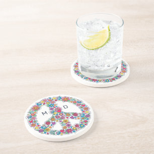 Custom Monogram Flower Peace Sign Coaster