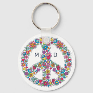 Custom Monogram Flower Peace Sign Key Ring