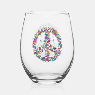 Custom Monogram Flower Peace Sign Stemless Wine Glass