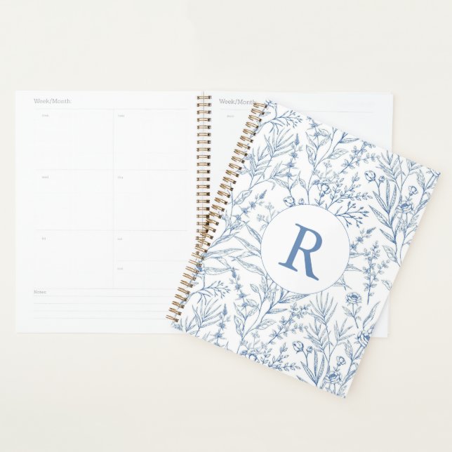 Custom Monogram French Toile Blue Floral 2025 Planner (Display)