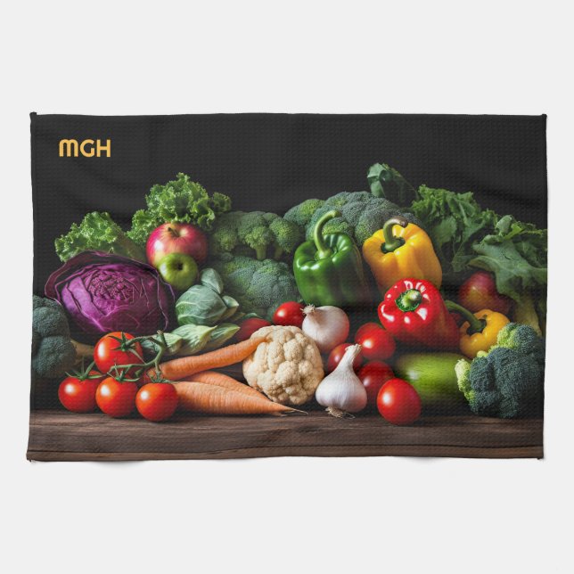 Custom Monogram Fresh Vegetables Tea Towel (Horizontal)