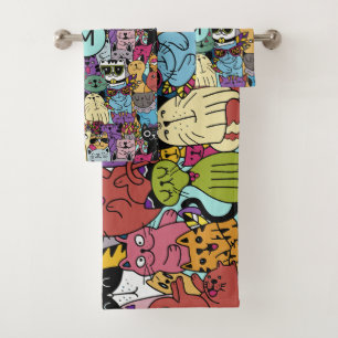 Custom Monogram Funny Cats Illustration Bath Towel Set