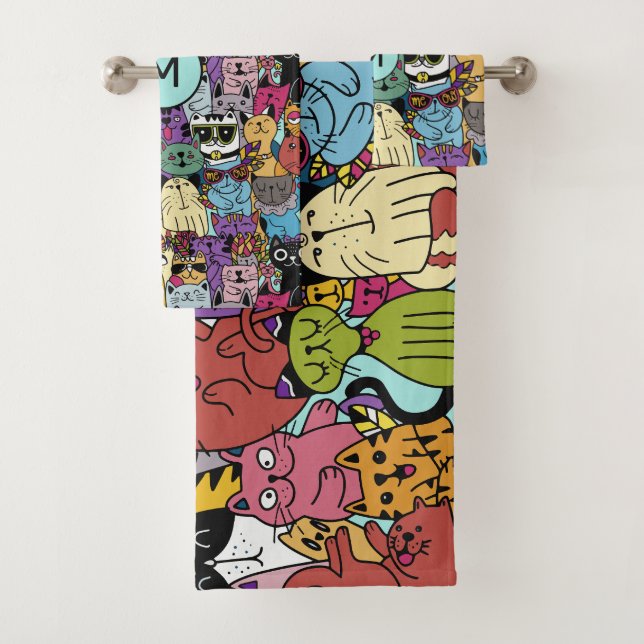 Custom Monogram Funny Cats Illustration Bath Towel Set (Insitu)