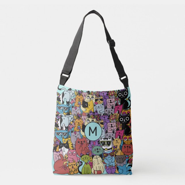 Custom Monogram Funny Cats Illustration Crossbody Bag (Front)