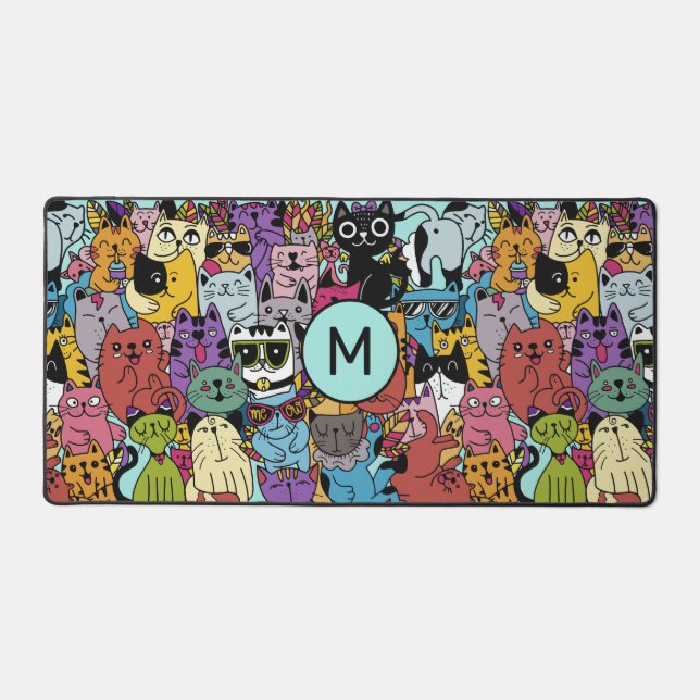 Custom Monogram Funny Cats Illustration Desk Mat (Front)