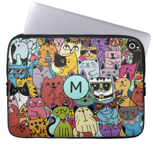 Custom Monogram Funny Cats Illustration Laptop Sleeve