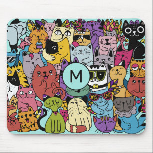 Custom Monogram Funny Cats Illustration Mouse Mat