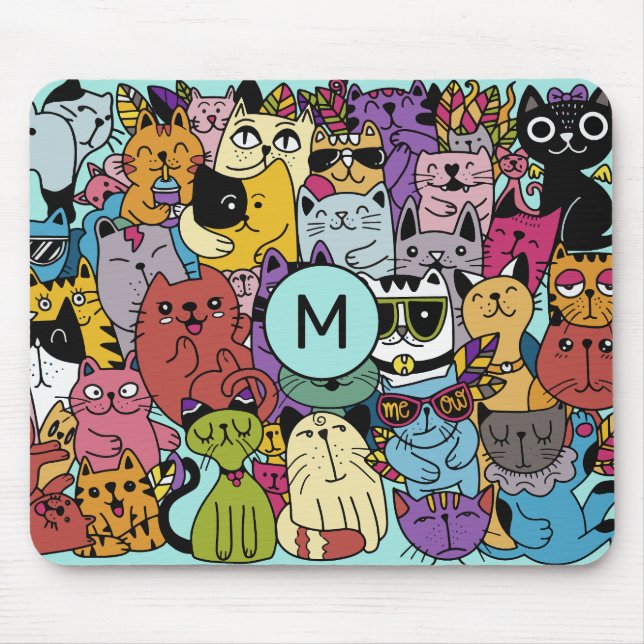 Custom Monogram Funny Cats Illustration Mouse Mat (Front)