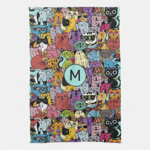 Custom Monogram Funny Cats Illustration Tea Towel
