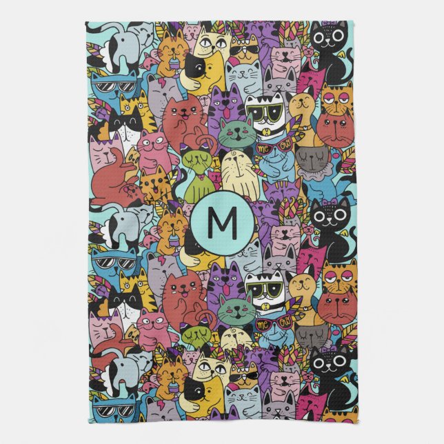 Custom Monogram Funny Cats Illustration Tea Towel (Vertical)