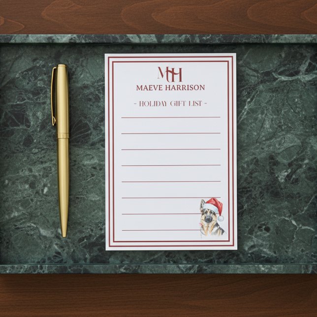 Custom Monogram German Shepherd Holiday Gift List Post-it Notes (Gift custom holiday stationery to the dog lover in your life!)