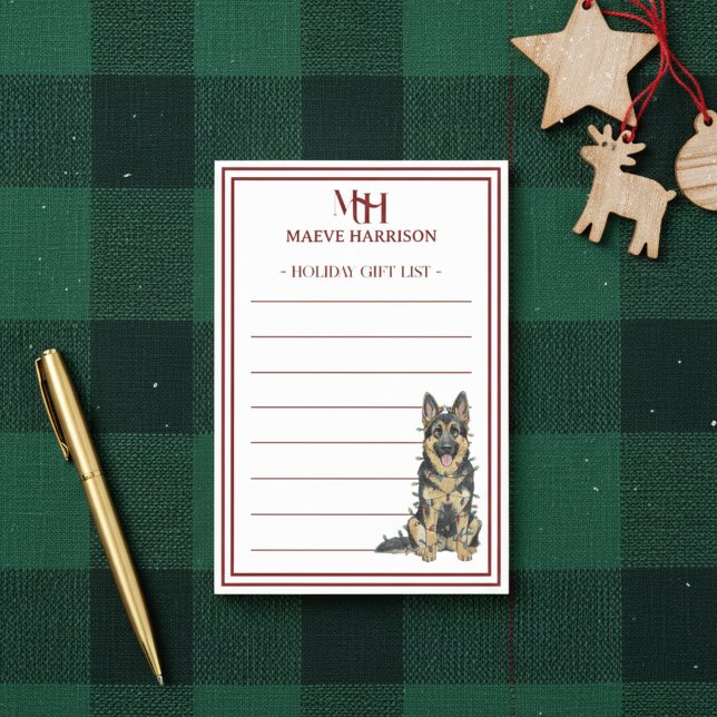Custom Monogram German Shepherd Holiday Gift List Post-it Notes (Gift custom holiday stationery to the dog lover in your life! )