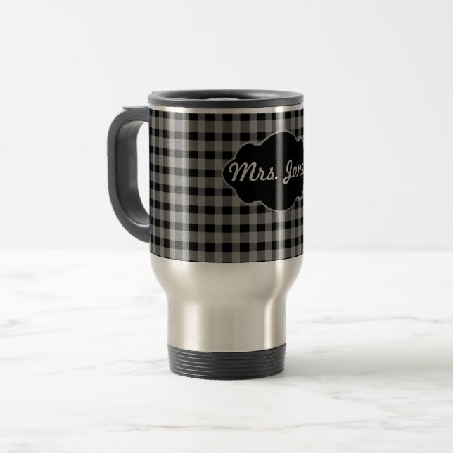 Custom Monogram Gingham Black Grey Coffee Cup Mug (Front Left)