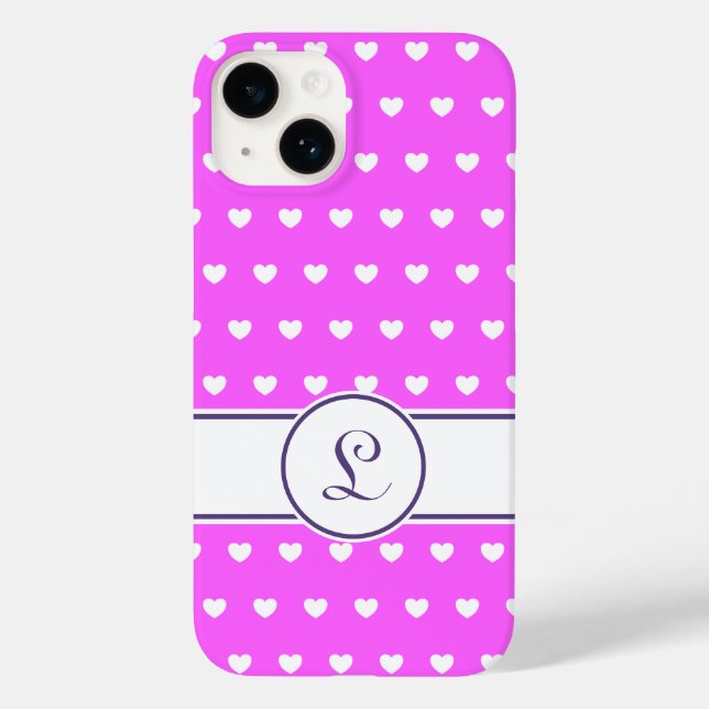 Custom Monogram Girly Pink With Cute White Hearts Case-Mate iPhone Case (Back)