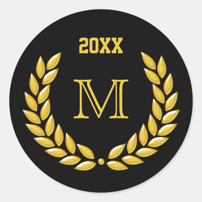  Custom Monogram Gold Laurel Wreath on Black Classic Round Sticker (Front)
