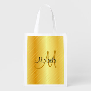 Custom Monogram Gold Look Modern Elegant Template Reusable Grocery Bag