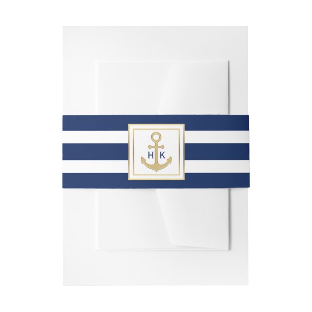 Custom Monogram Gold Navy Blue Stripes Wedding Invitation Belly Band (Front Example)
