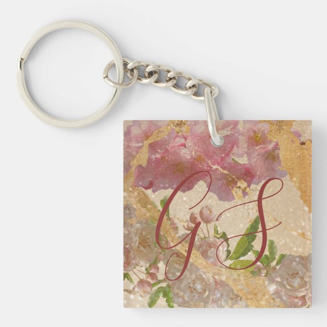 Custom Monogram Gold Shimmer & Pink Floral Design Key Ring (Front)