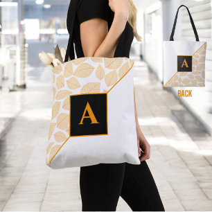 Custom Monogram Gold Yellow Leaf Pattern Diagonal Tote Bag
